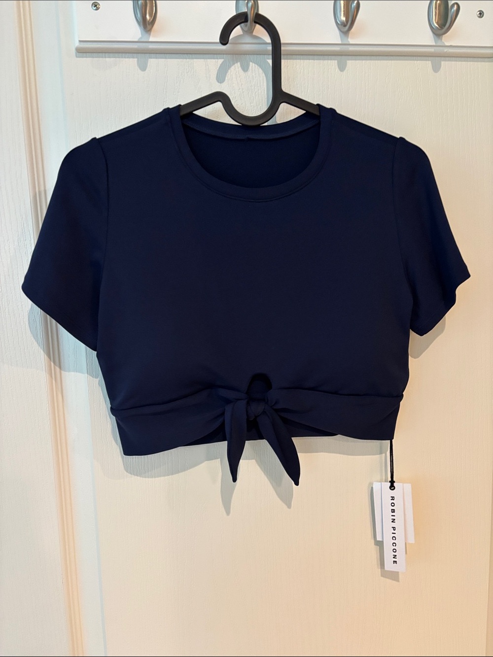 Robin Piccone Navy Short-Sleeve Tie-Front Crop Top